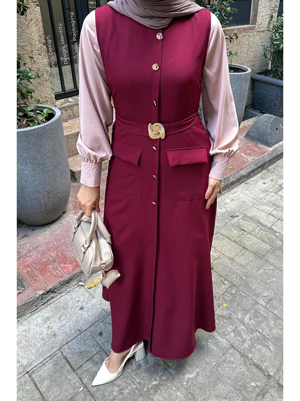 Düğme Detaylı Elbise Bordo-2