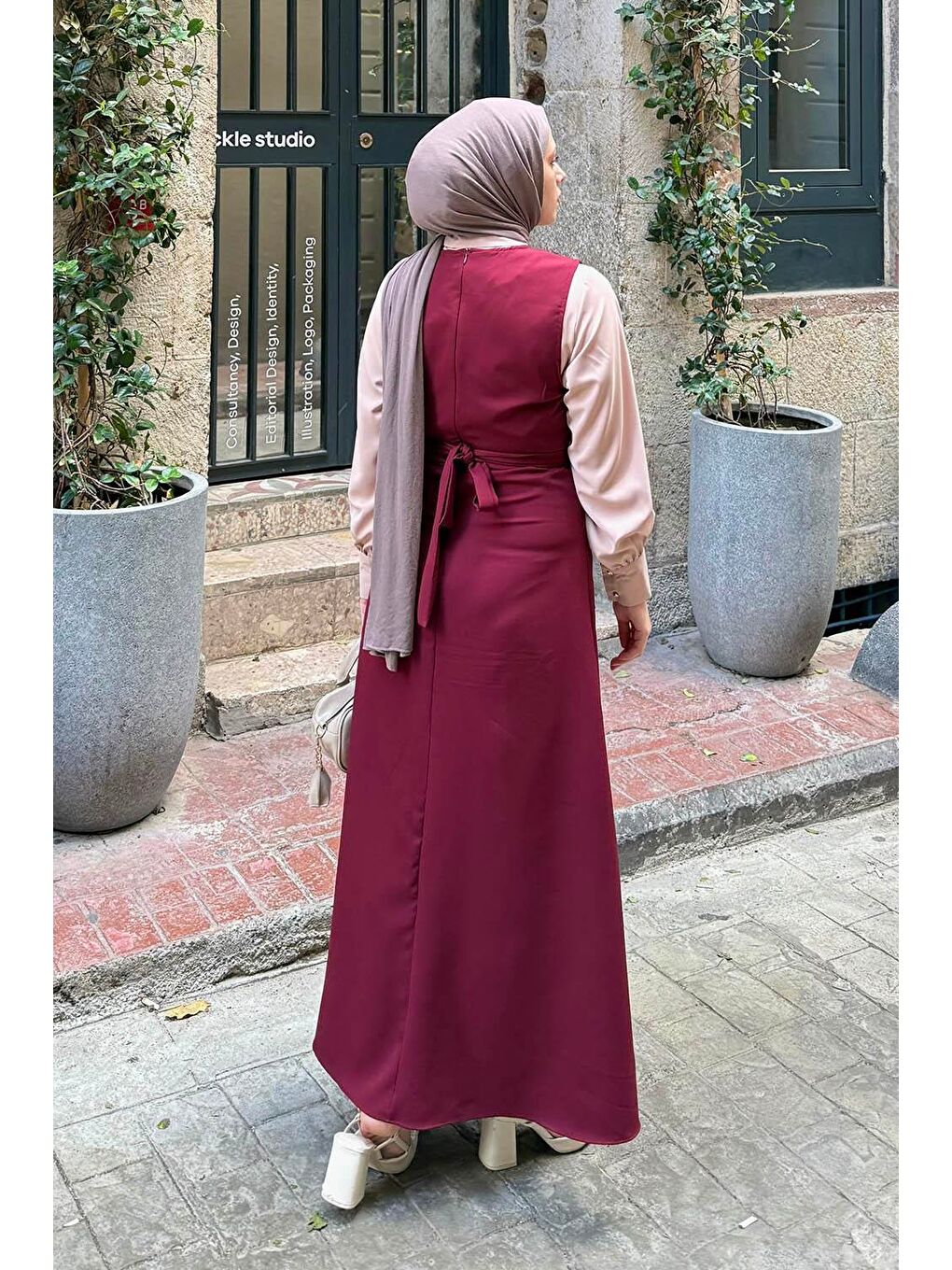 Düğme Detaylı Elbise Bordo-3