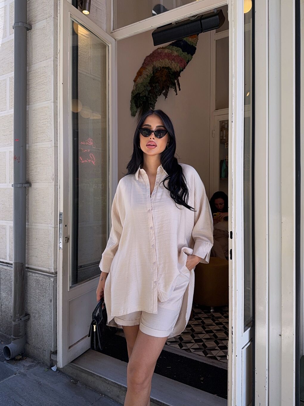 Keten Arkası Uzun Salaş Gömlek Şort Takım Bej-1