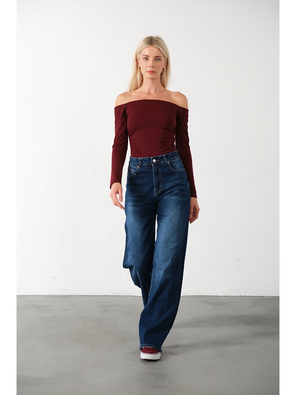 Mavi üksek Bel, Esnek Denim Kumaş Geniş Paça Palazzo Kadın Jean Jean Pantolon @Cesena