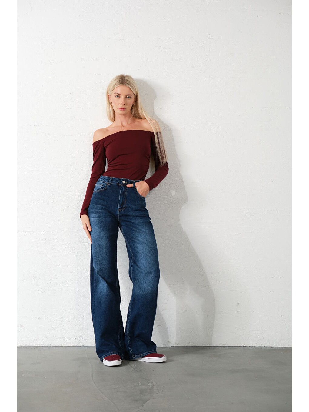 Mavi üksek Bel, Esnek Denim Kumaş Geniş Paça Palazzo Kadın Jean Jean Pantolon @Cesena-1
