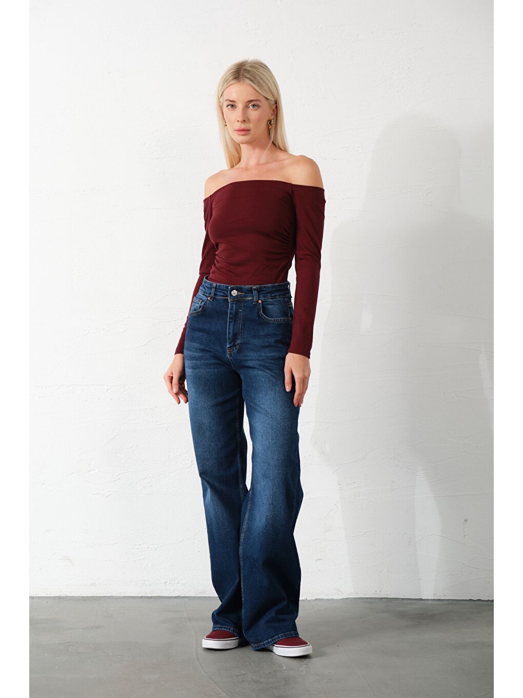 Mavi üksek Bel, Esnek Denim Kumaş Geniş Paça Palazzo Kadın Jean Jean Pantolon @Cesena-2