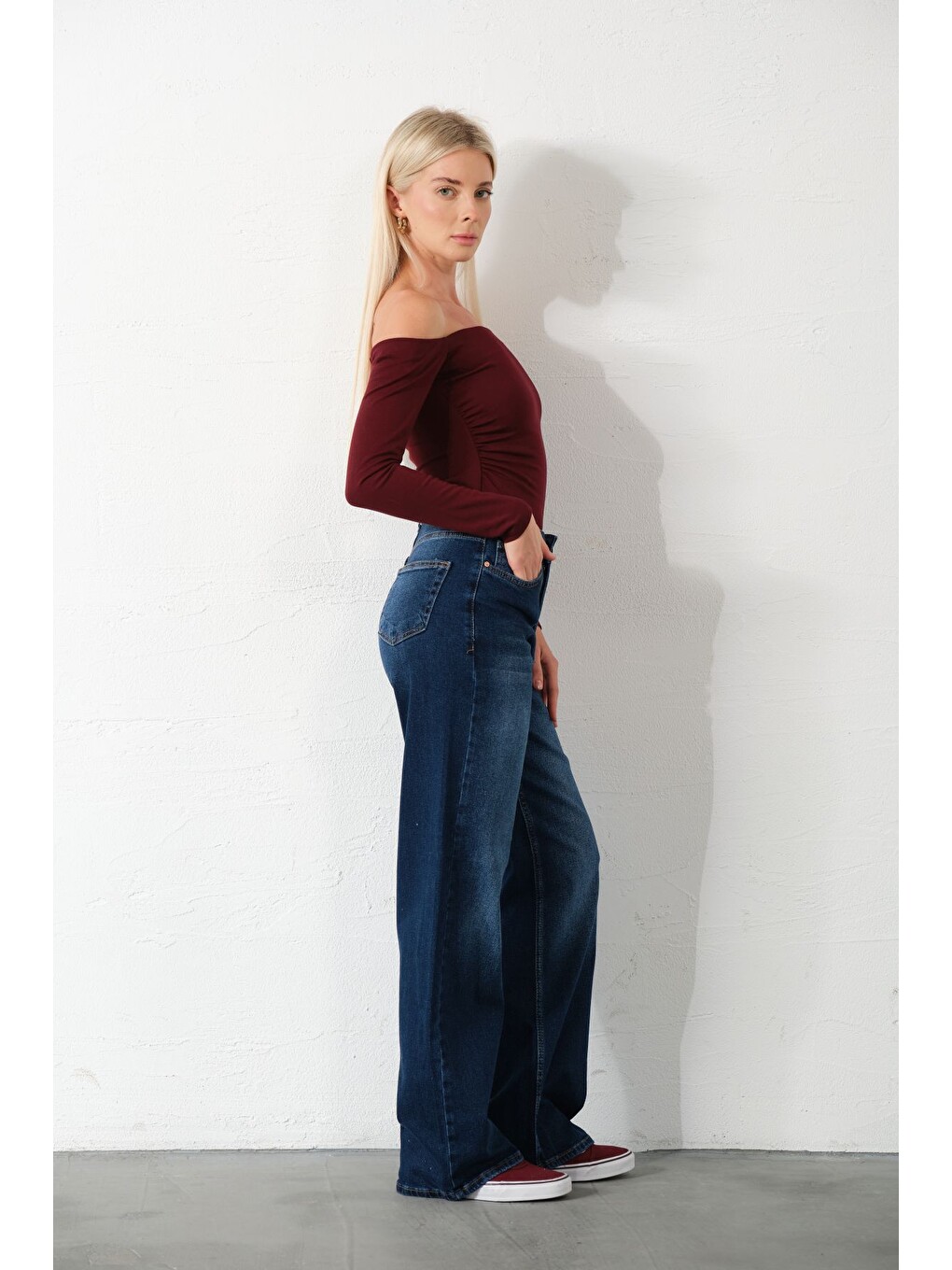 Mavi üksek Bel, Esnek Denim Kumaş Geniş Paça Palazzo Kadın Jean Jean Pantolon @Cesena-3