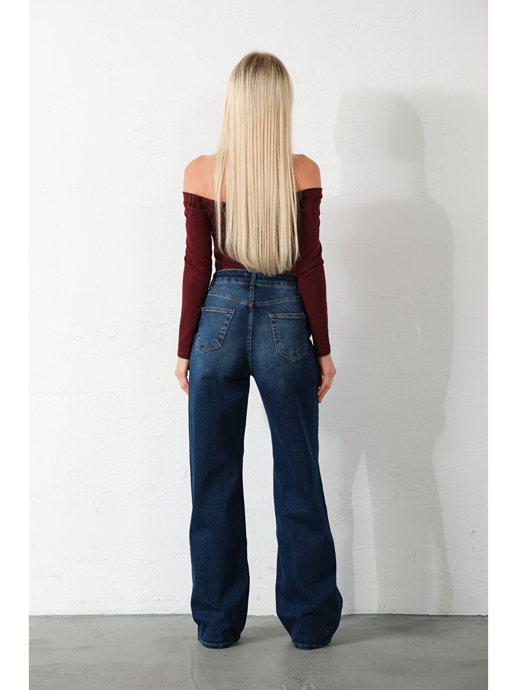 Mavi üksek Bel, Esnek Denim Kumaş Geniş Paça Palazzo Kadın Jean Jean Pantolon @Cesena-4