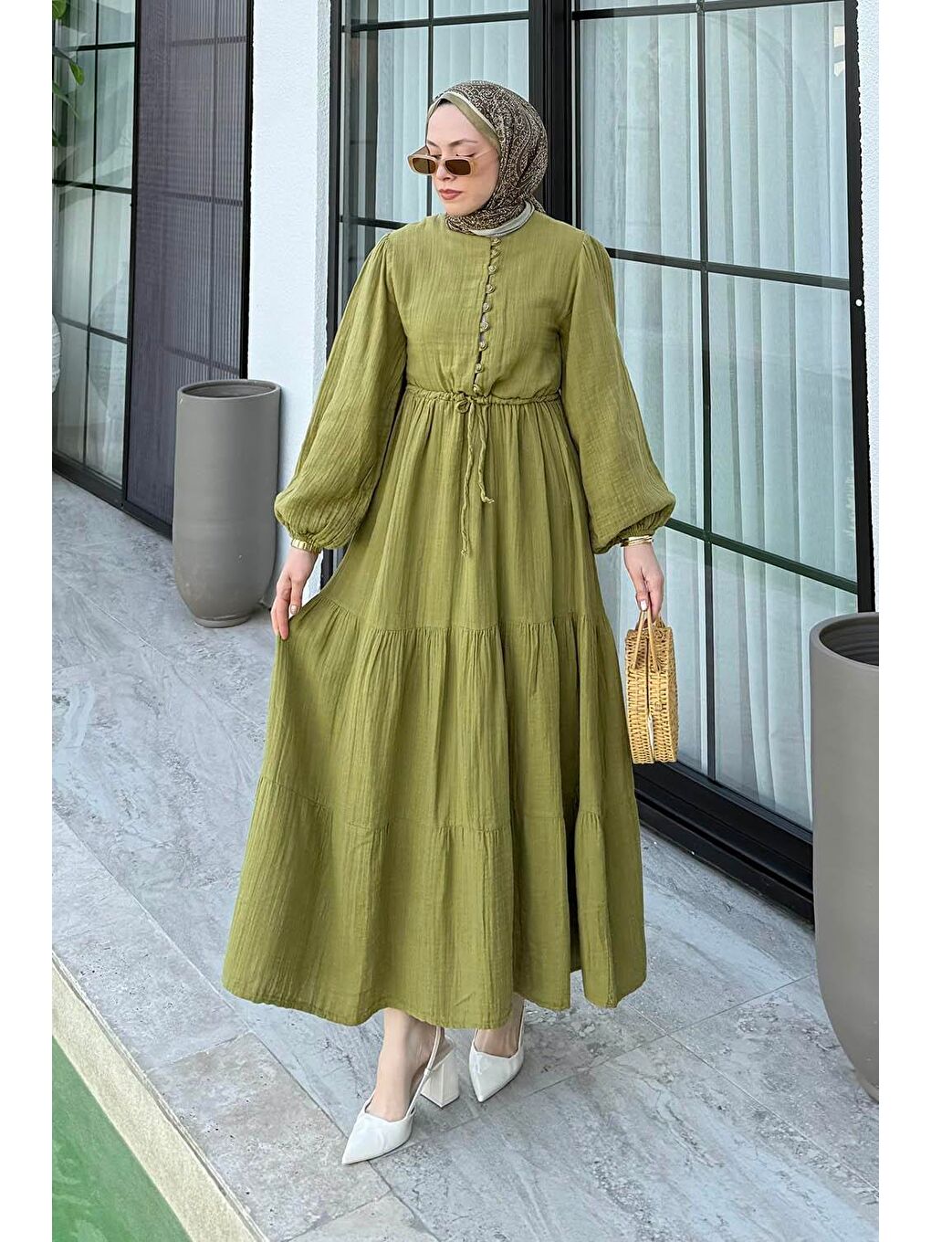 Bel Büzgülü Tesettür Elbise Çağla Yeşili