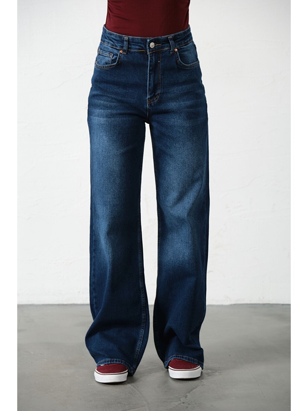Mavi üksek Bel, Esnek Denim Kumaş Geniş Paça Palazzo Kadın Jean Jean Pantolon @Cesena-5