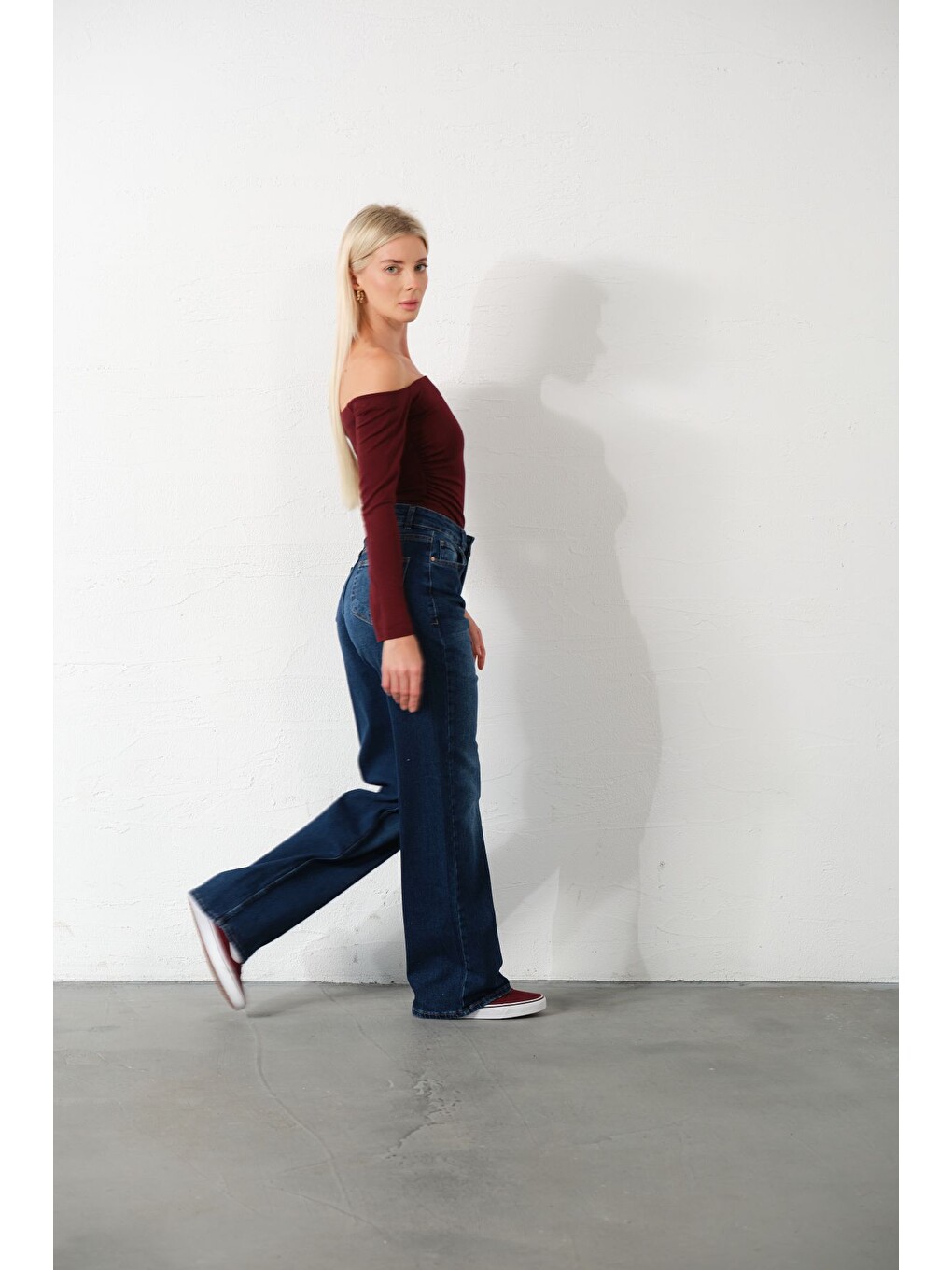 Mavi üksek Bel, Esnek Denim Kumaş Geniş Paça Palazzo Kadın Jean Jean Pantolon @Cesena-6