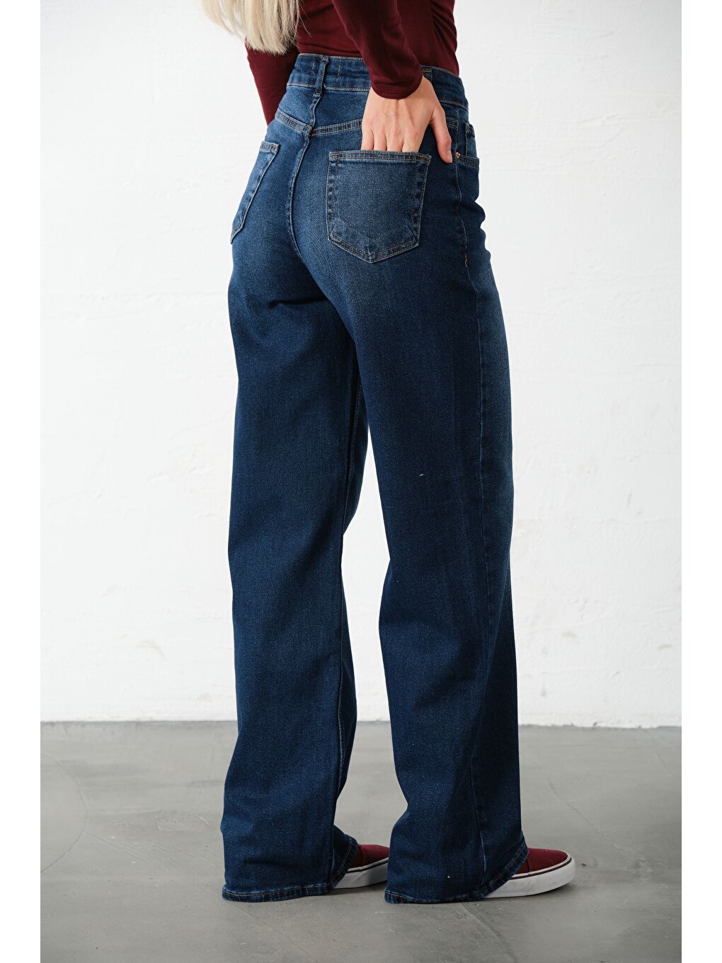 Mavi üksek Bel, Esnek Denim Kumaş Geniş Paça Palazzo Kadın Jean Jean Pantolon @Cesena-7