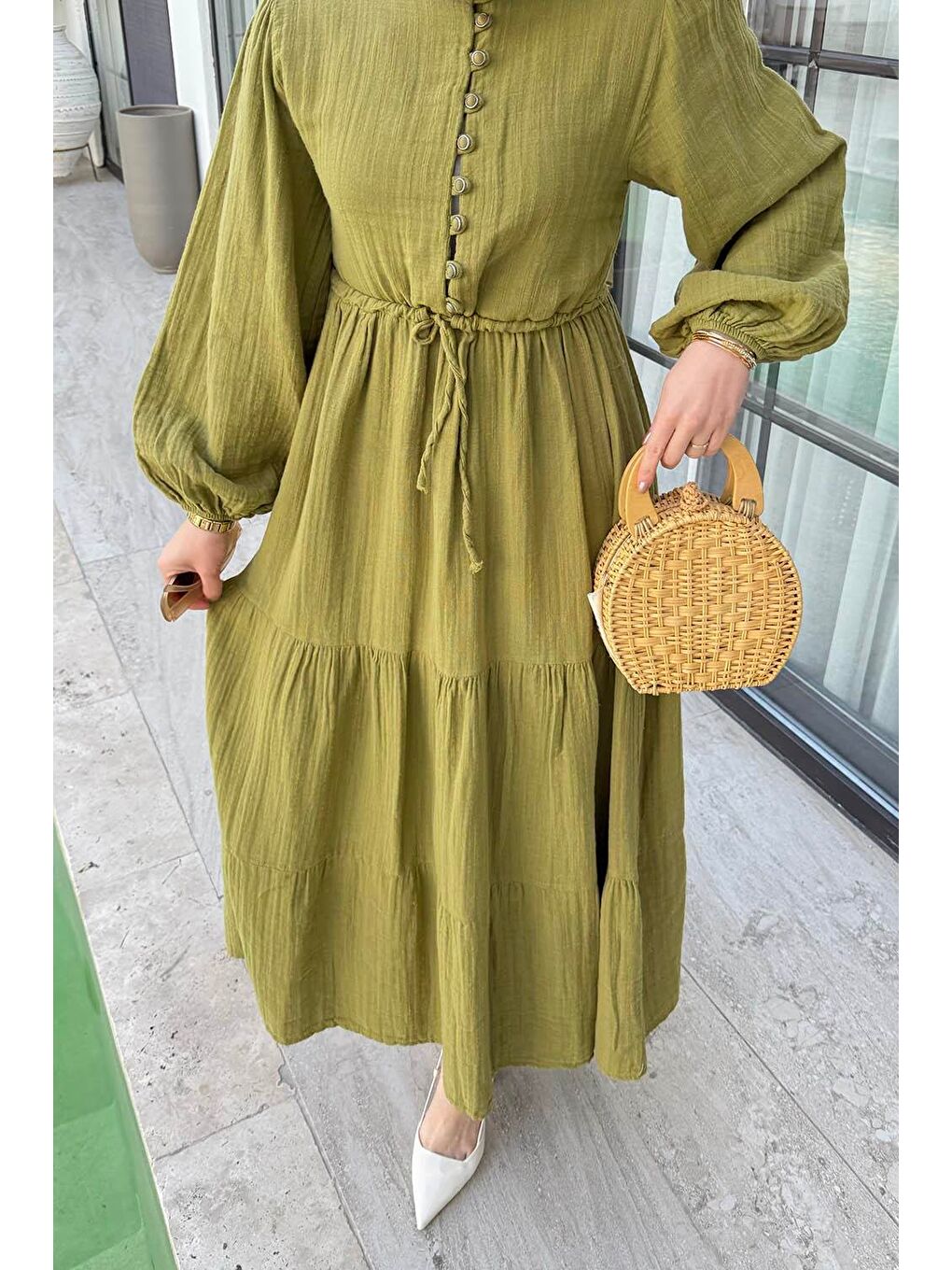 Bel Büzgülü Tesettür Elbise Çağla Yeşili-2