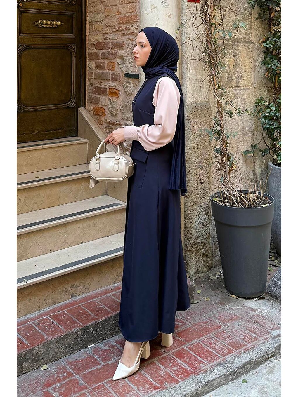 Düğme Detaylı Elbise Lacivert-1