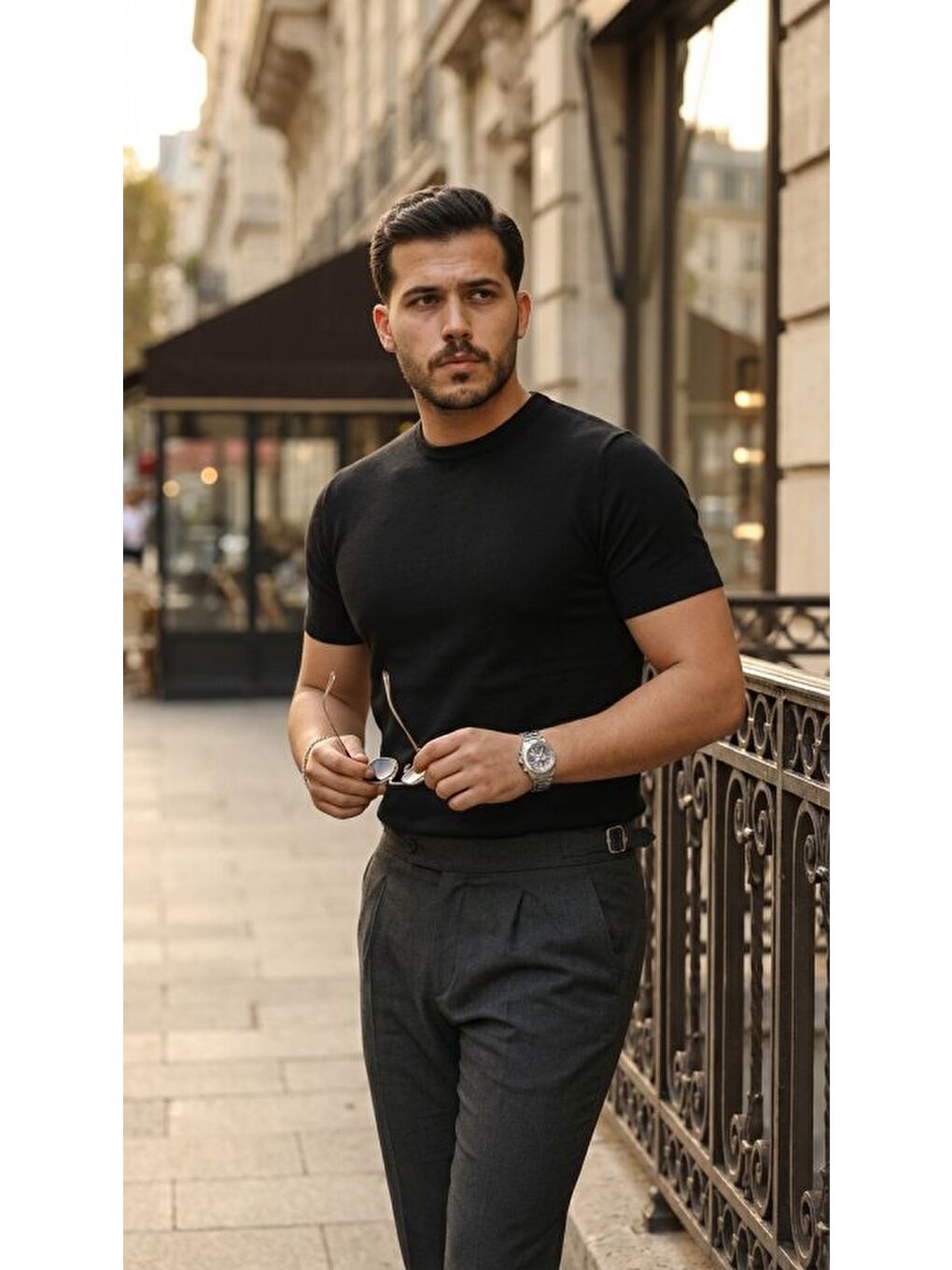 Siyah Erkek Basic Bisiklet Yaka Kısa Kollu Triko Tişört-1