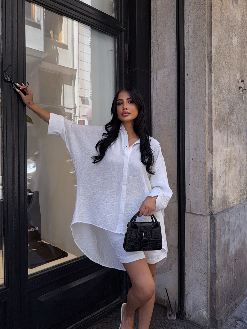 Keten Arkası Uzun Salaş Gömlek Şort Takım Beyaz-3