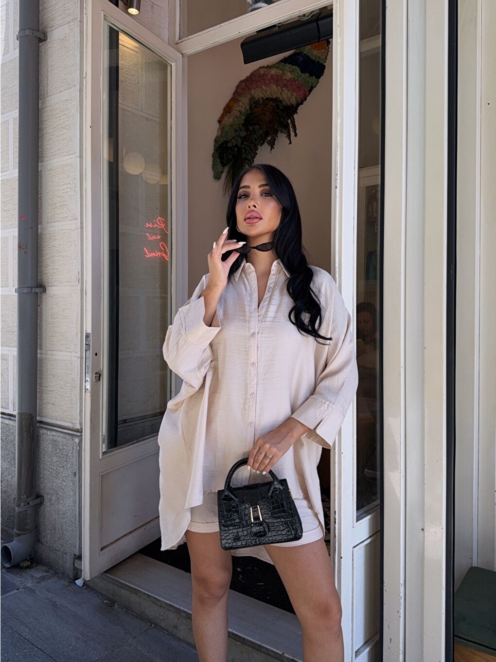 Keten Arkası Uzun Salaş Gömlek Şort Takım Bej-2