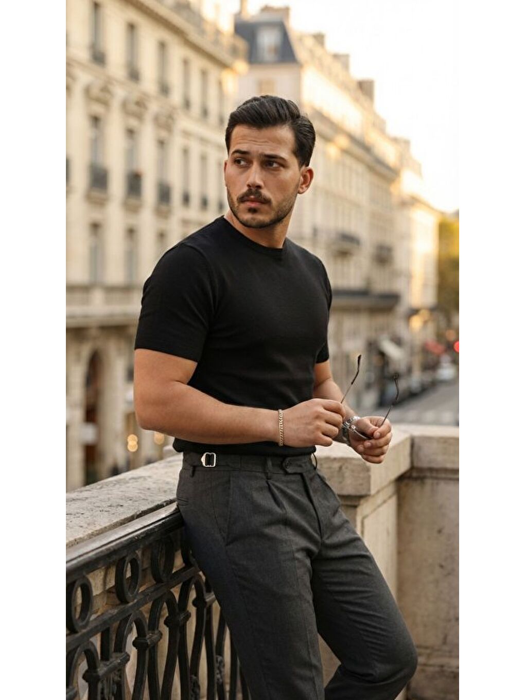 Siyah Erkek Basic Bisiklet Yaka Kısa Kollu Triko Tişört-2