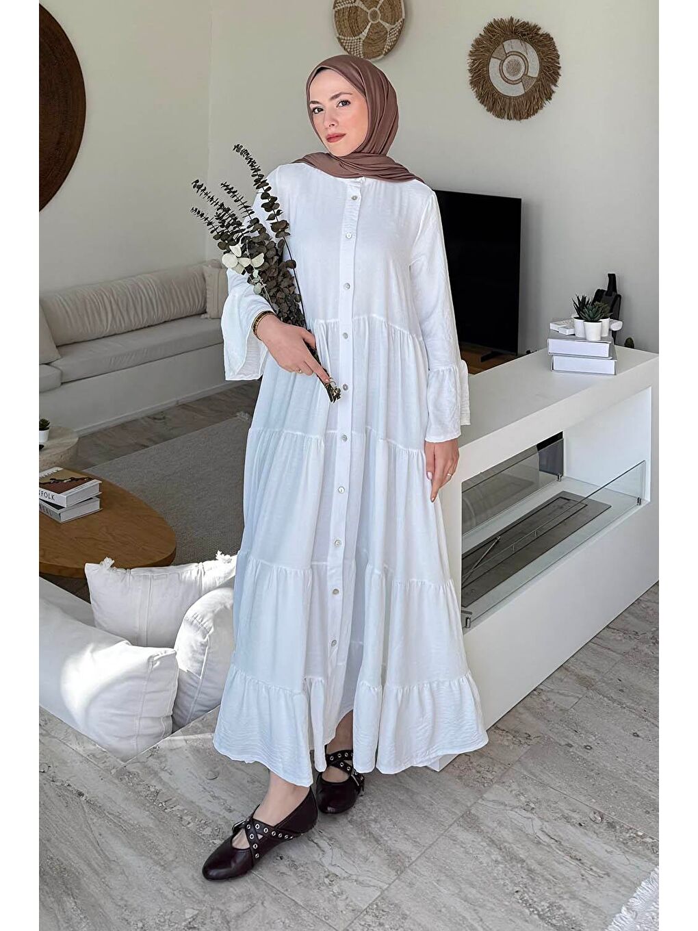 Aerobin Uzun Tesesttür Elbise Beyaz