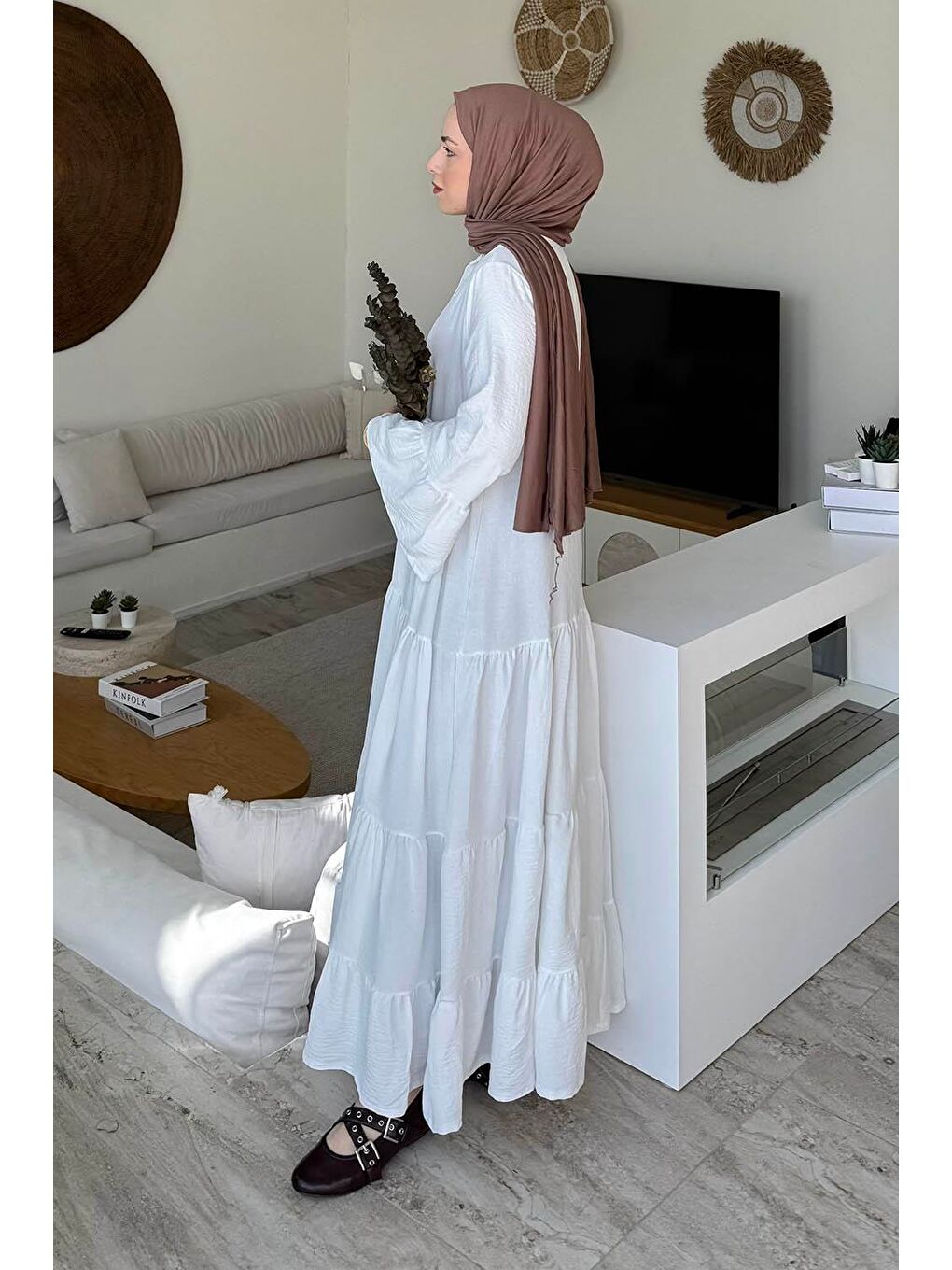 Aerobin Uzun Tesesttür Elbise Beyaz-1