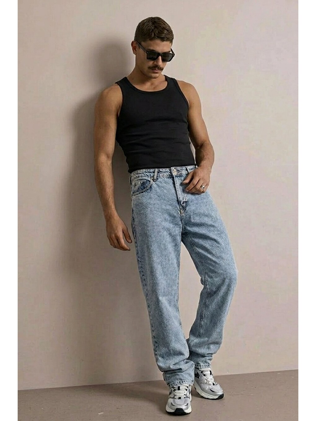 Beyaz Erkek Yüksek Bel Comfort Kar Mavi Jean Pantolon-1