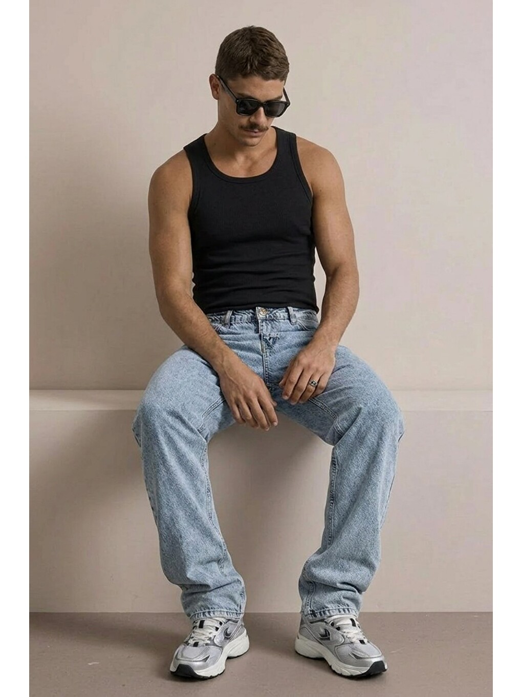 Beyaz Erkek Yüksek Bel Comfort Kar Mavi Jean Pantolon-2