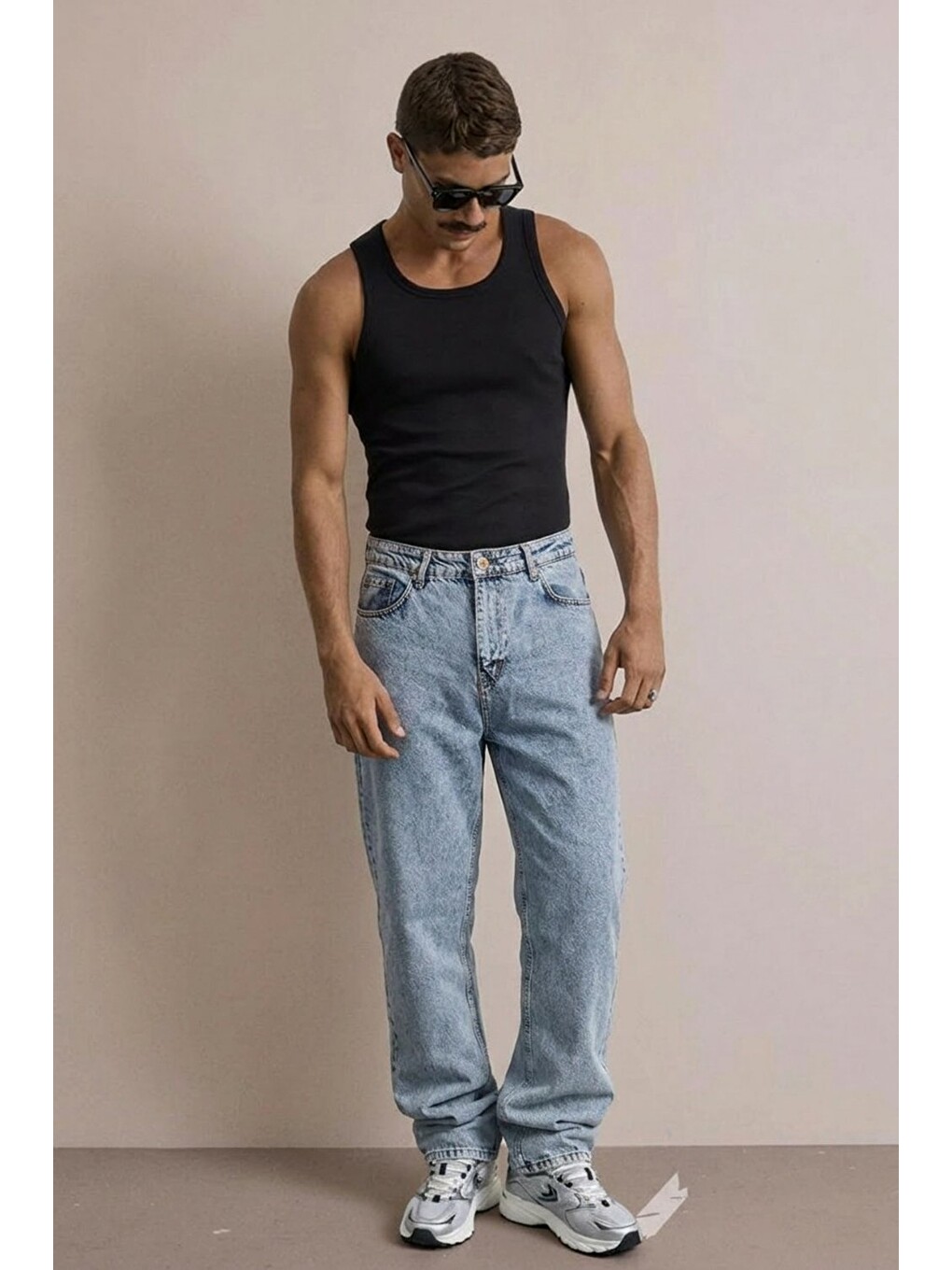 Beyaz Erkek Yüksek Bel Comfort Kar Mavi Jean Pantolon-3