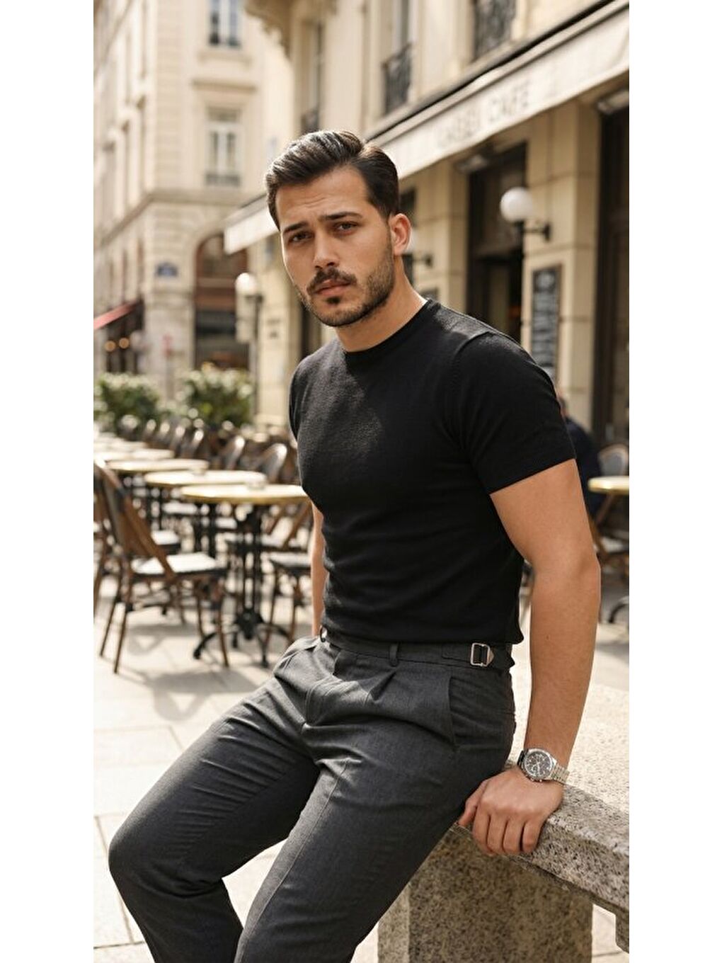 Siyah Erkek Basic Bisiklet Yaka Kısa Kollu Triko Tişört-3