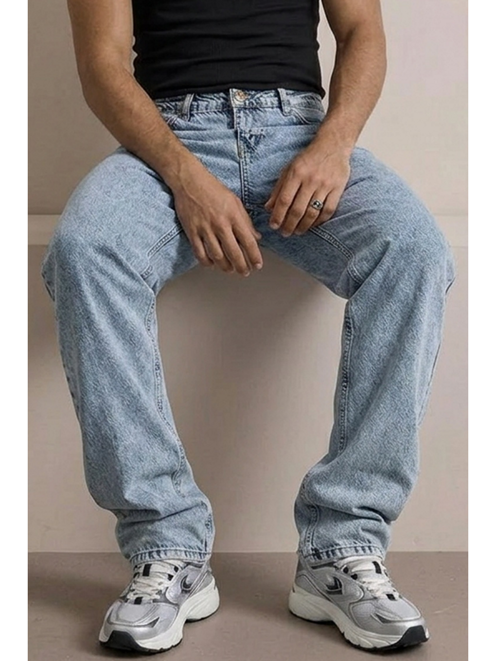 Beyaz Erkek Yüksek Bel Comfort Kar Mavi Jean Pantolon-5