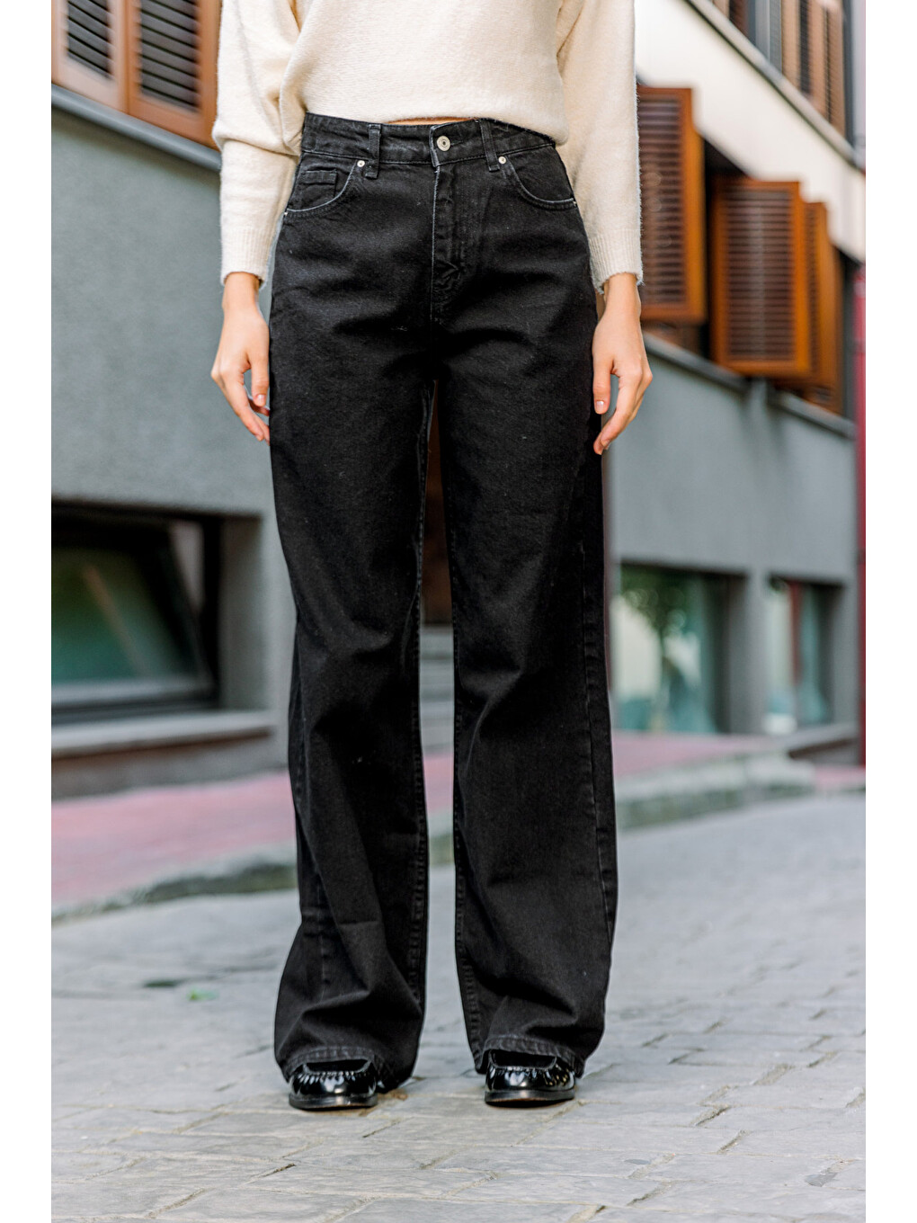 Gri Yüksek Bel, Geniş Paça Denim Geniş Paça Palazzo Kadın Jean Jean Pantolon @Asti-2