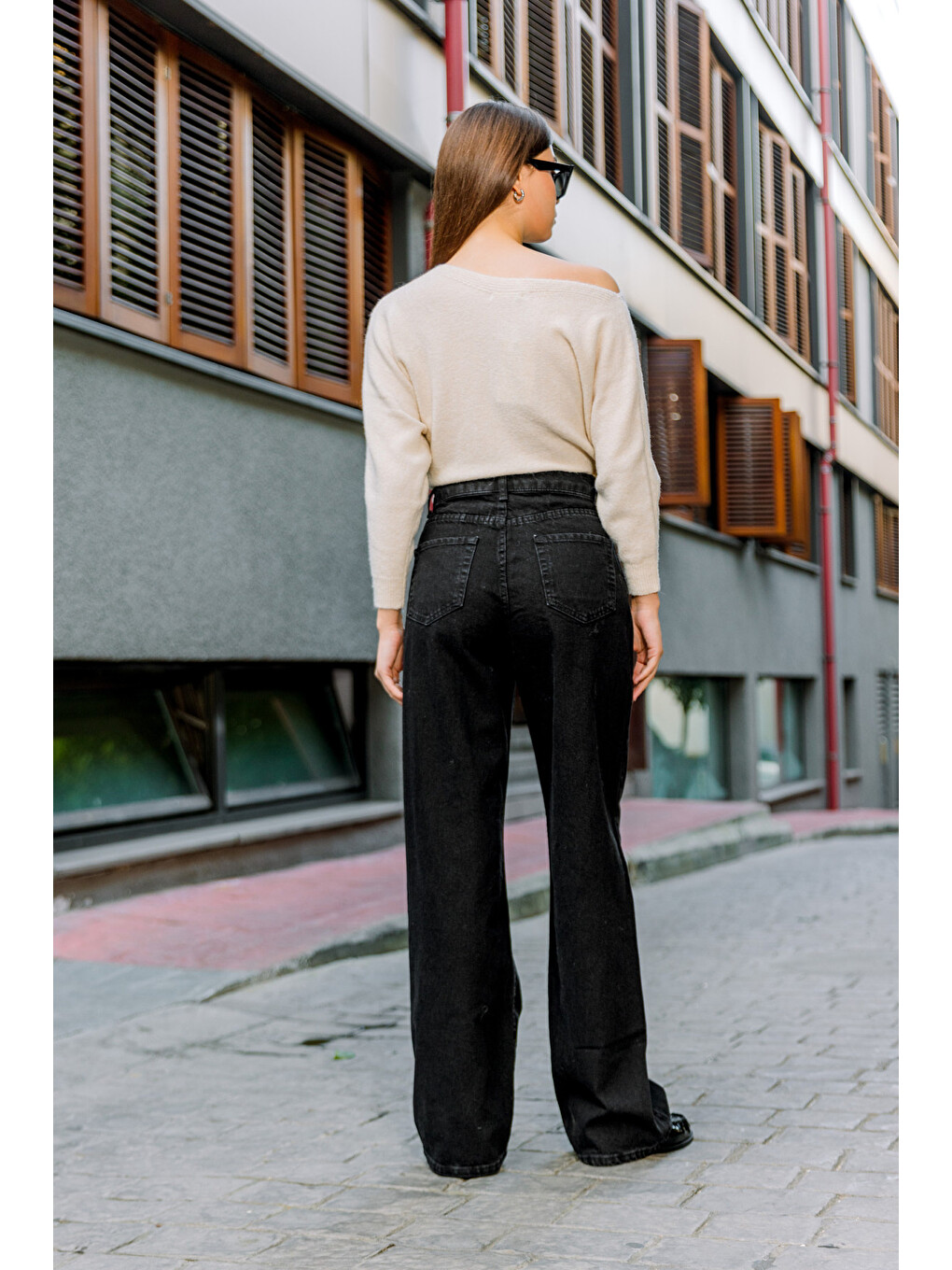 Gri Yüksek Bel, Geniş Paça Denim Geniş Paça Palazzo Kadın Jean Jean Pantolon @Asti-4