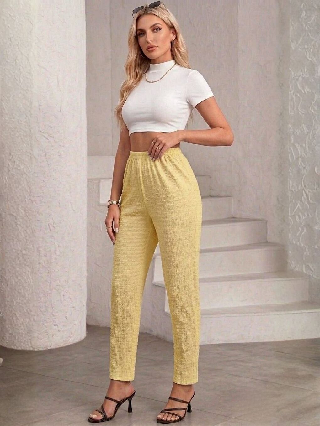 Kadın Sarı Yüksek Bel Bürümcük Kumaş Yazlık Ev & Günlük Pantolon-1