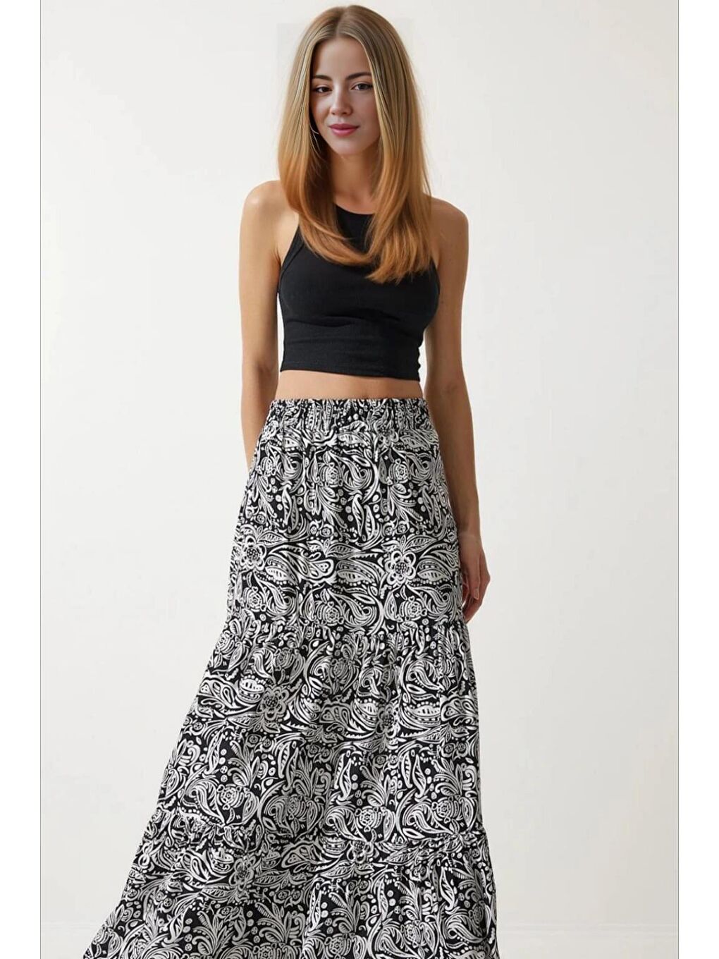 Kadın Beyaz Çiçek Desenli Beli Lastikli Volanlı Uzun Viskon Etek HZL24S-BD180071-3