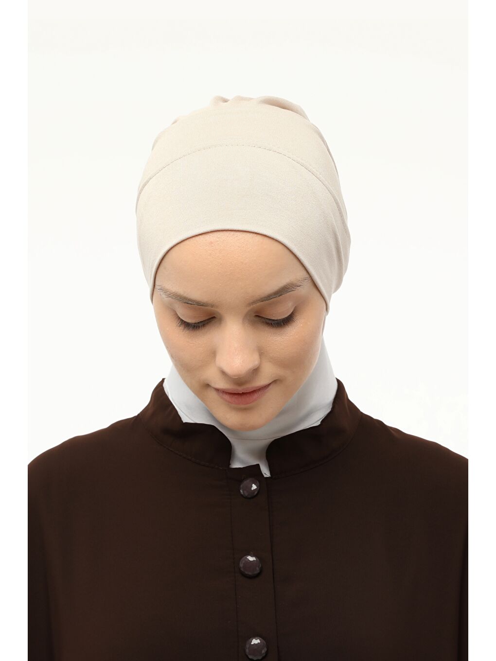 Bej Hazır Pratik Geçmeli Lastikli Tesettür Bone-2