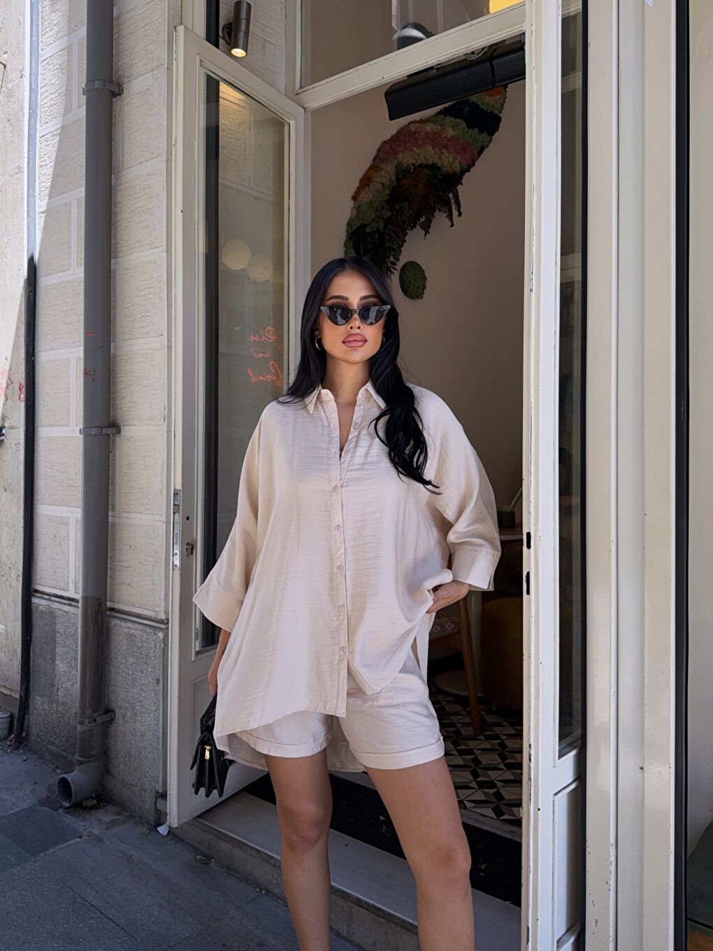 Keten Arkası Uzun Salaş Gömlek Şort Takım Bej-3