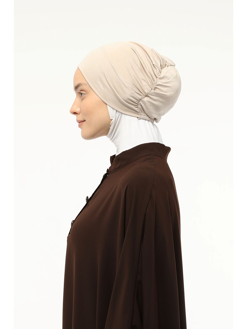 Bej Hazır Pratik Geçmeli Lastikli Tesettür Bone-3
