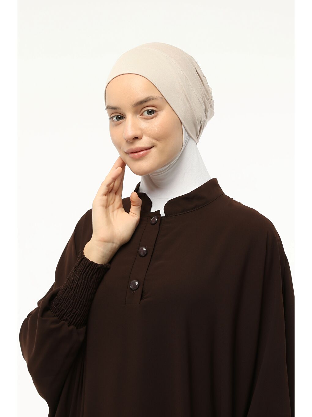 Bej Hazır Pratik Geçmeli Lastikli Tesettür Bone-4