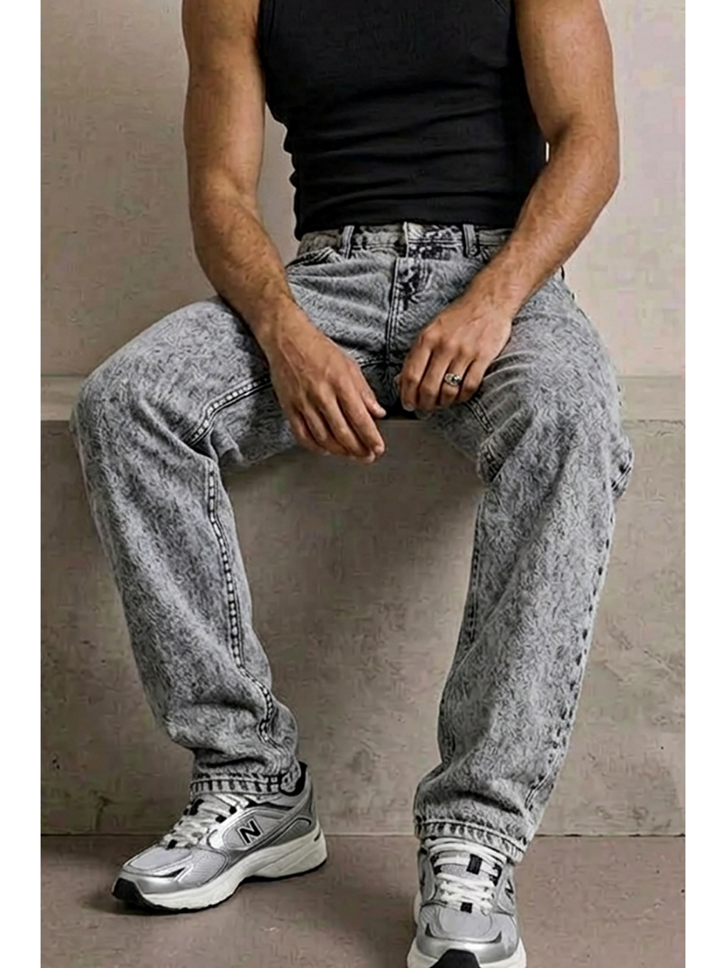 Erkek Yüksek Bel Comfort Açık Gri Jean Pantolon-5