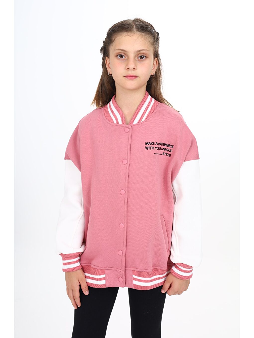 Pembe Kız Çocuk Nakışlı Kolej Hırka-1
