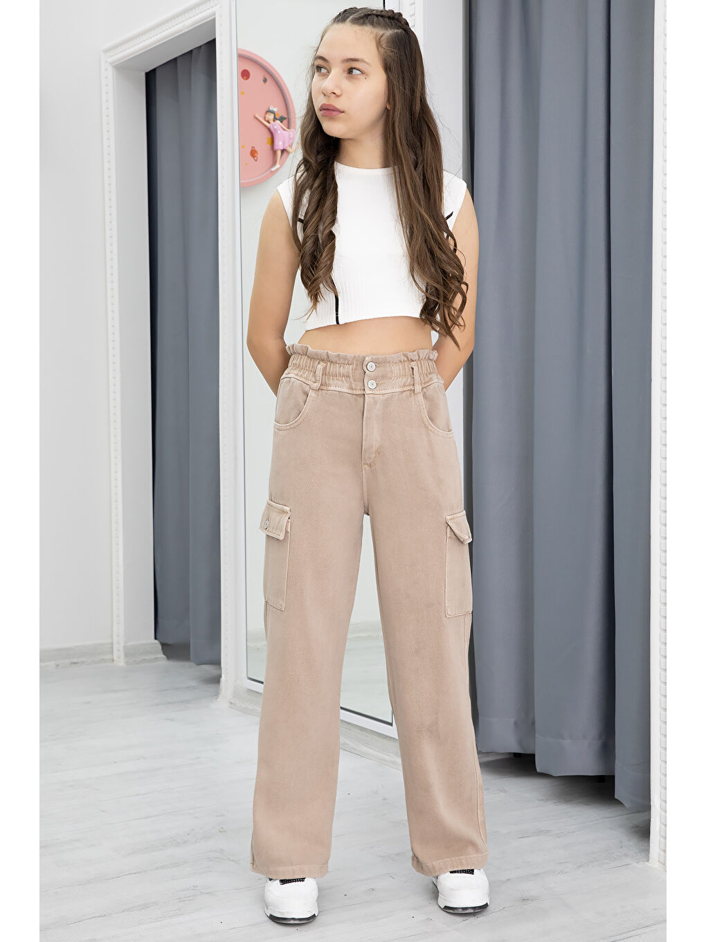 Bej Yüksek Bel Kargo Cep Kız Çocuk Jean Pantolon 20303-1