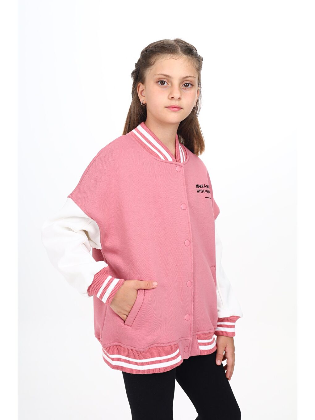 Pembe Kız Çocuk Nakışlı Kolej Hırka-3