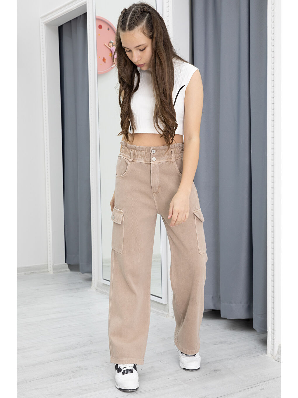 Bej Yüksek Bel Kargo Cep Kız Çocuk Jean Pantolon 20303
