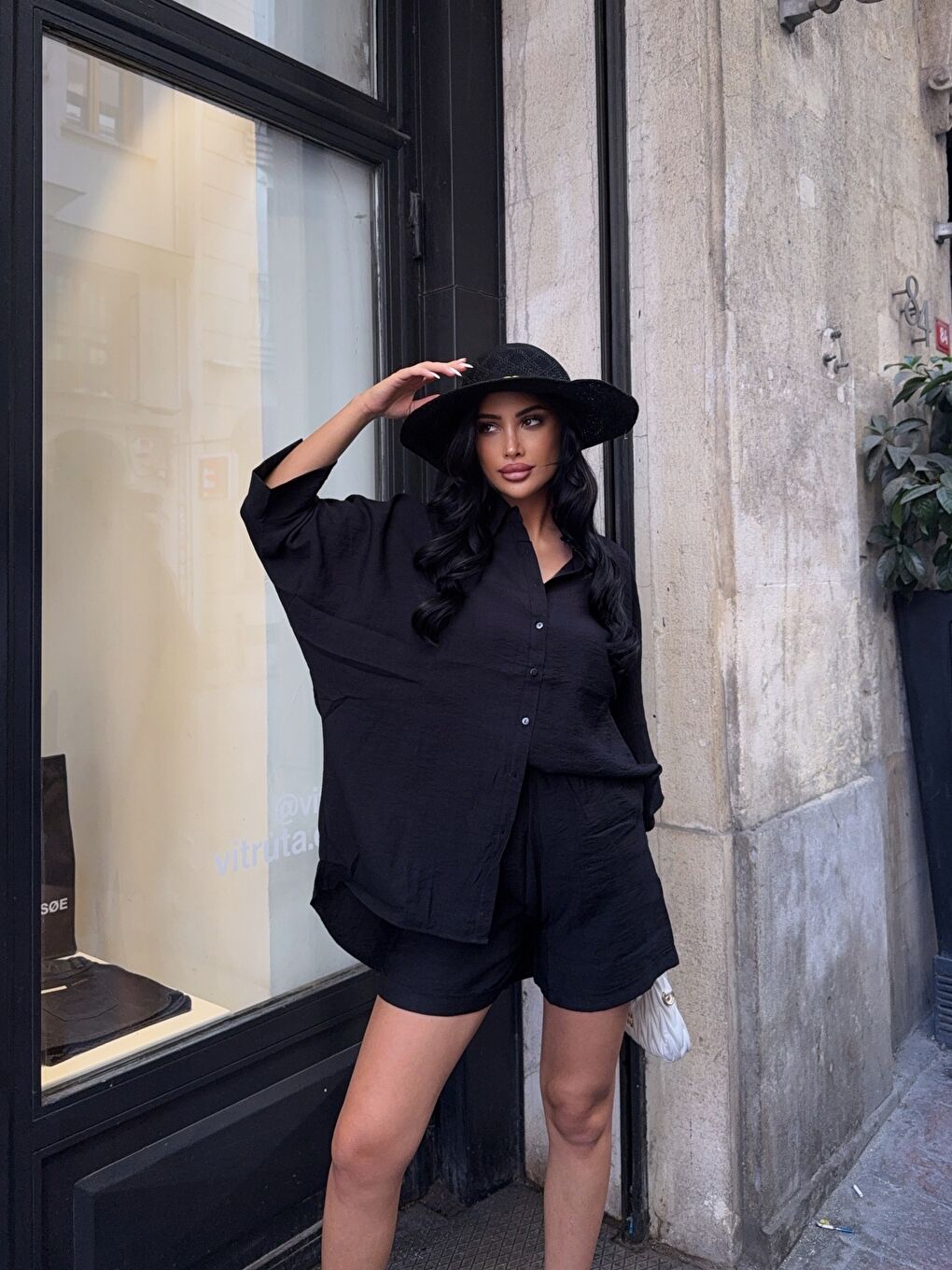 Keten Arkası Uzun Salaş Gömlek Şort Takım Siyah