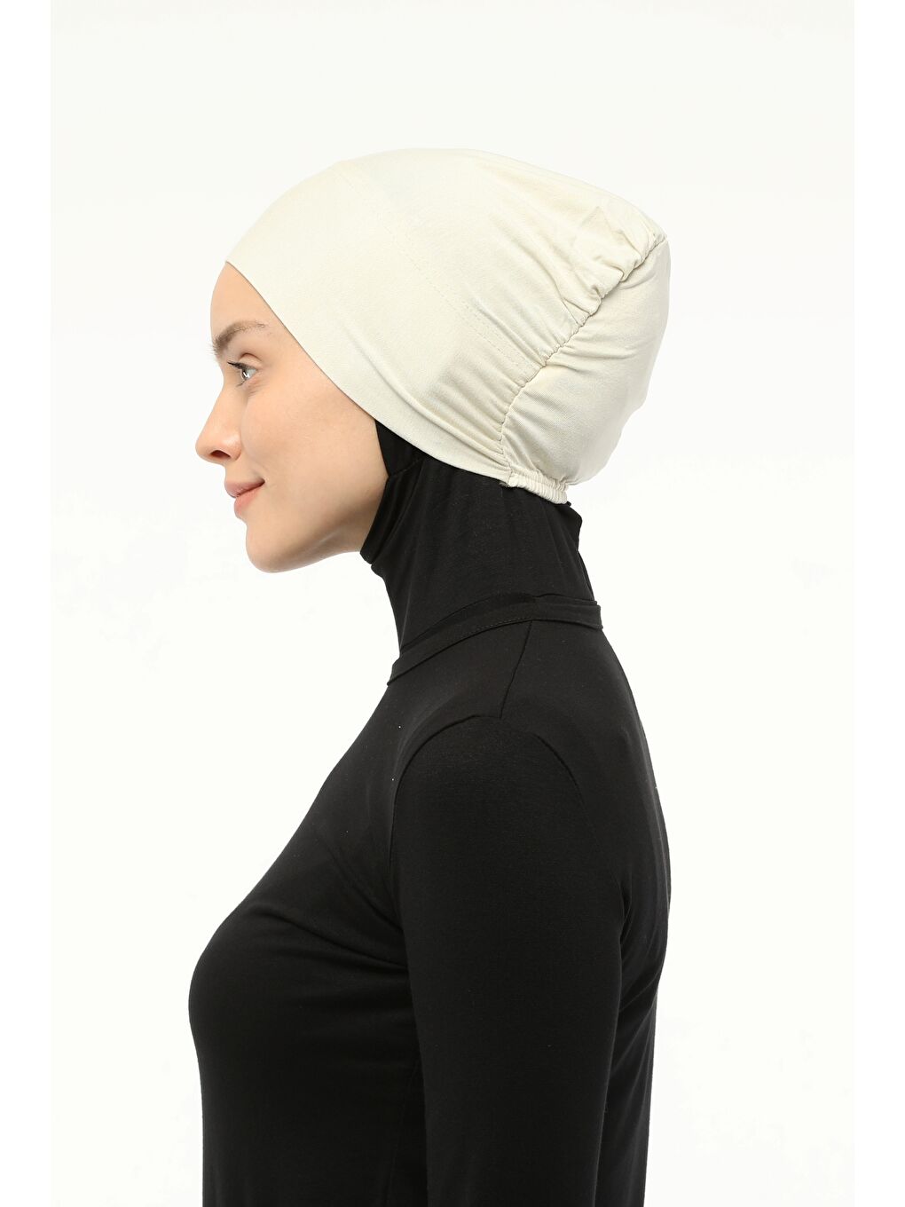 Ekru Hazır Pratik Geçmeli Lastikli Tesettür Bone-3