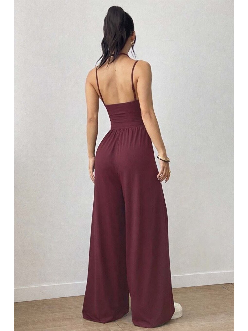 Bordo Kadın Askılı Yuvarlak Yaka Uzun Viskon Tulum