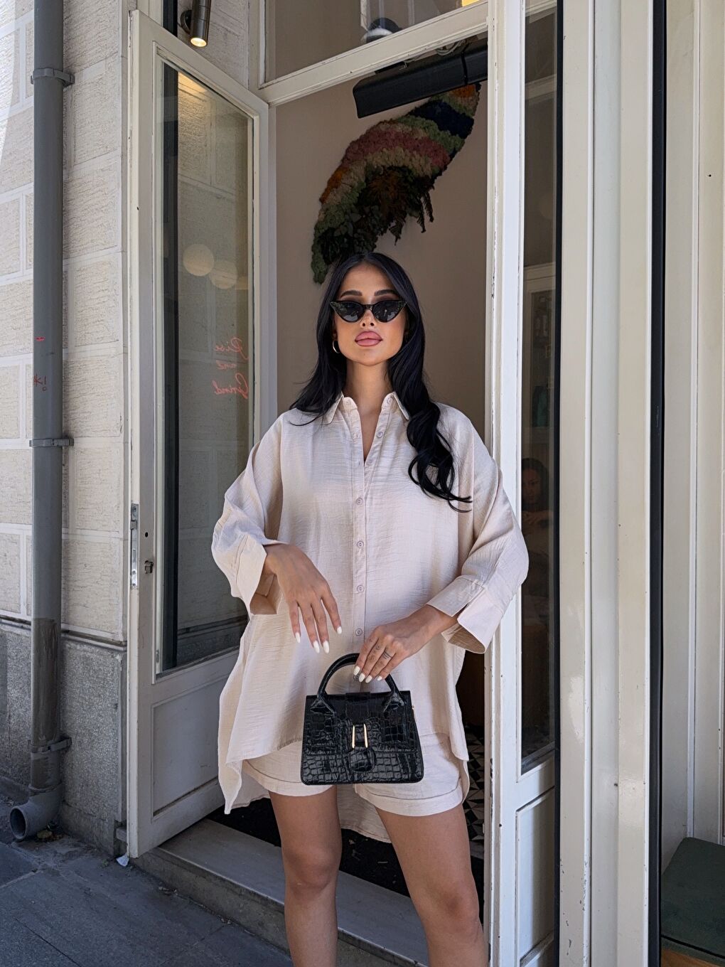 Keten Arkası Uzun Salaş Gömlek Şort Takım Bej-4