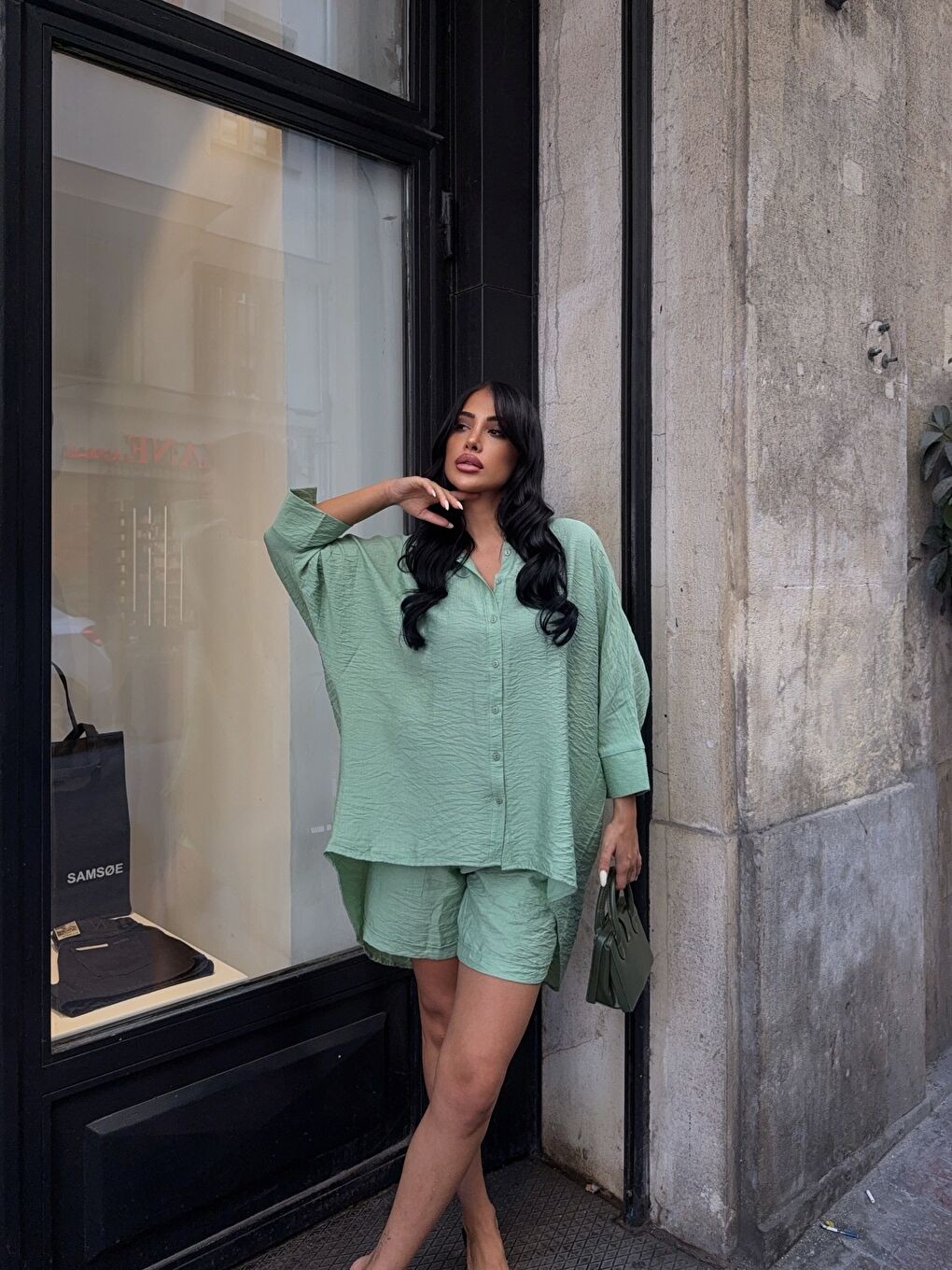 Keten Arkası Uzun Salaş Gömlek Şort Takım Yeşil-1