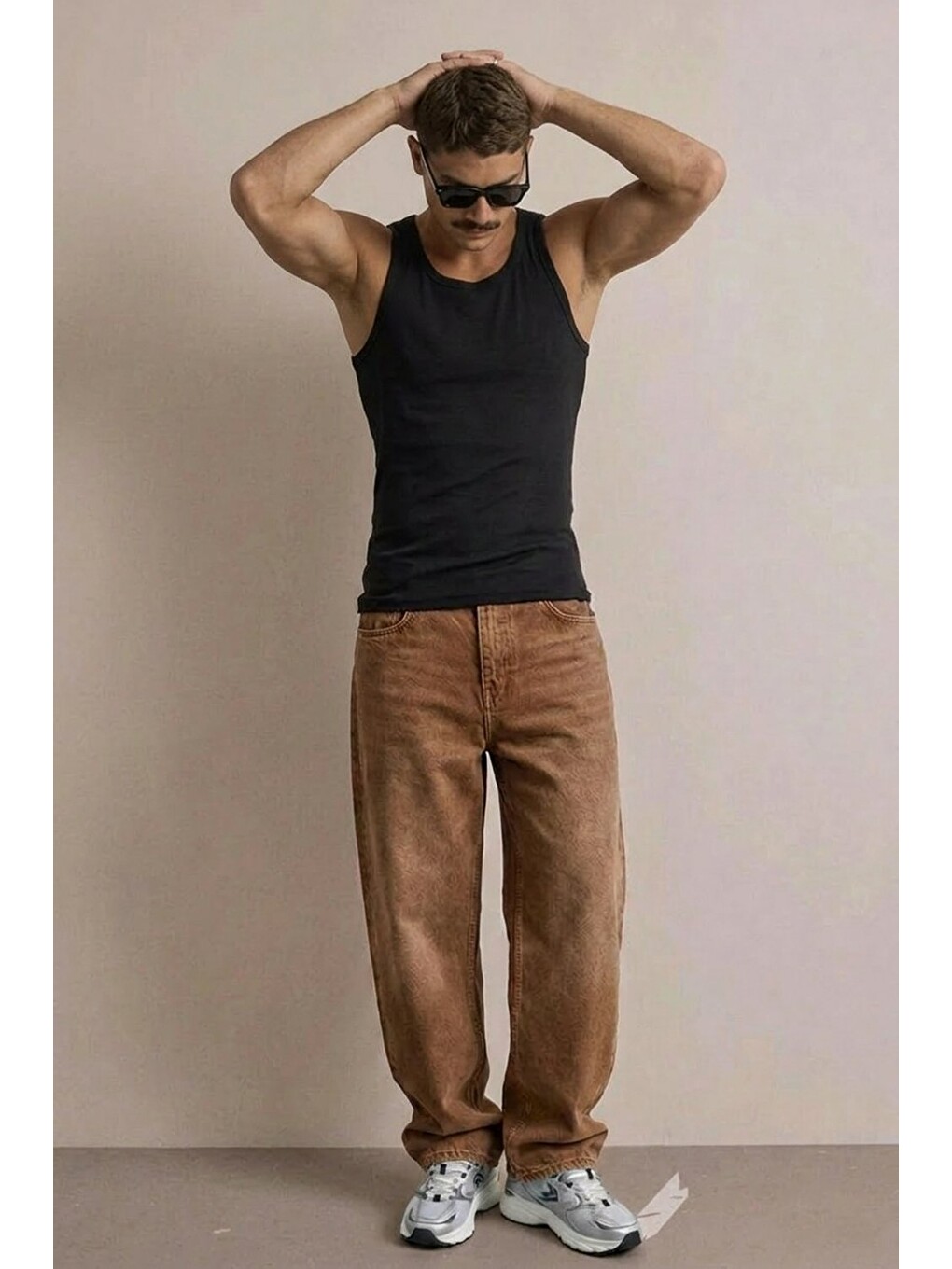 Kahverengi Erkek Yüksek Bel Comfort Kiremit Jean Pantolon-1