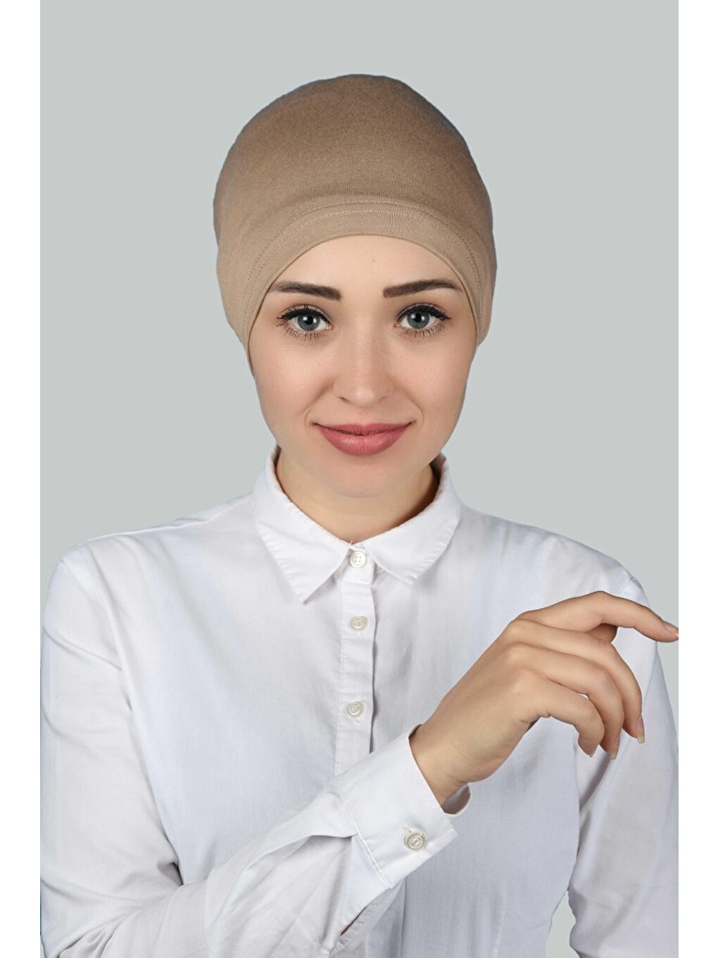 Bej Hazır Pratik Geçmeli Lastikli Tesettür Bone-1