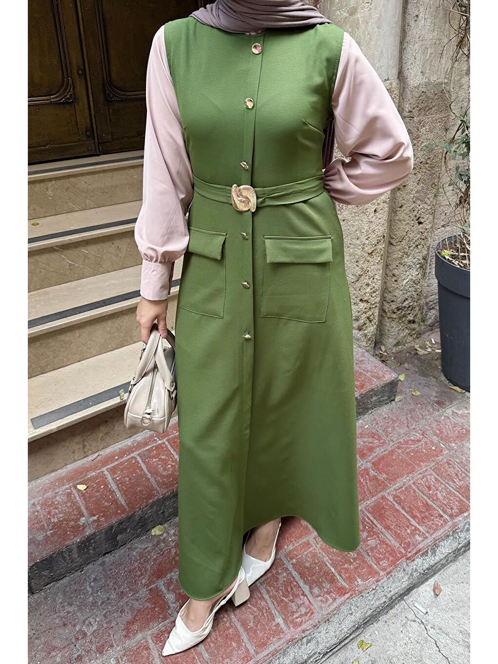 Düğme Detaylı Elbise Kına Yeşili-2