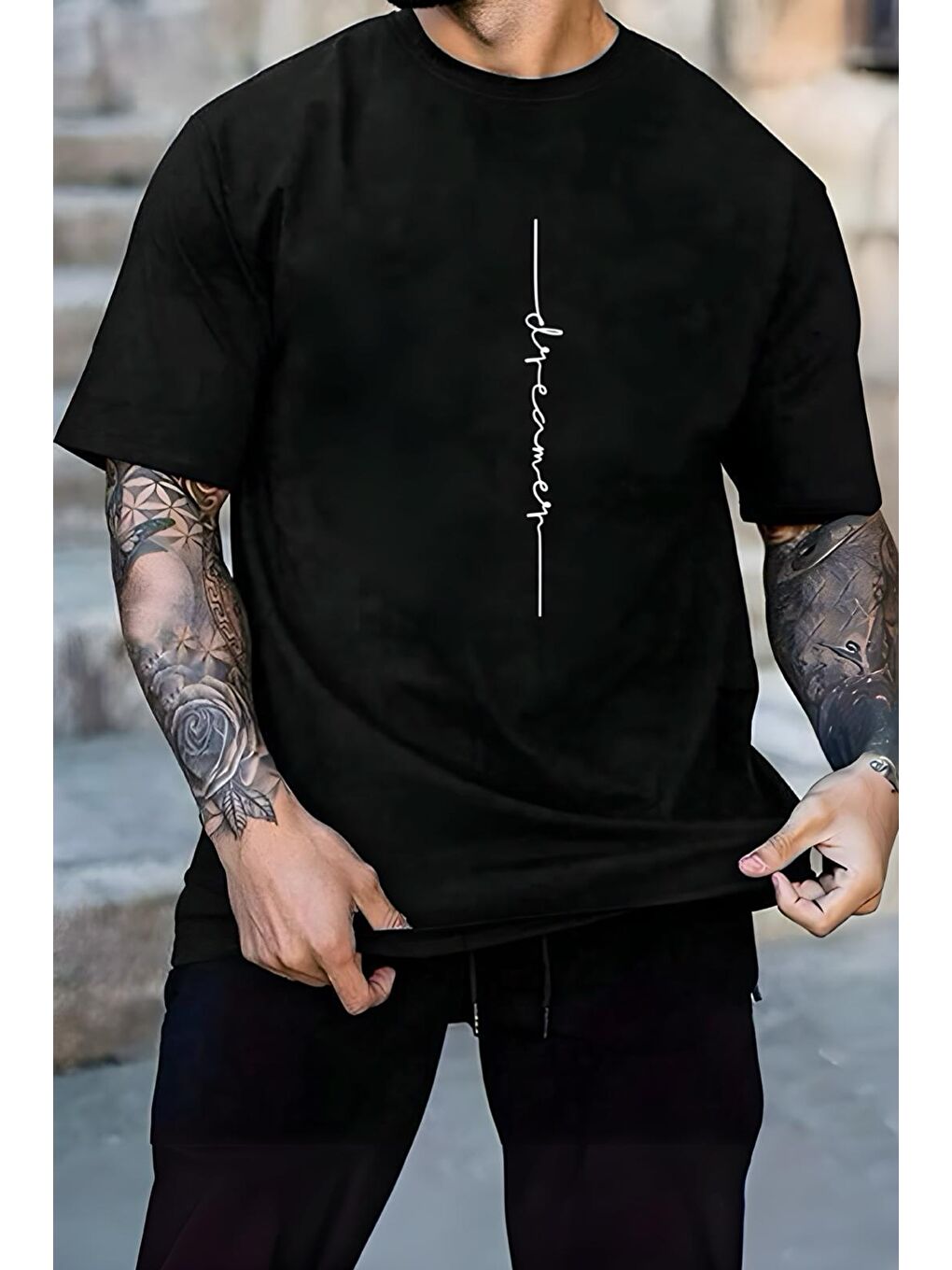 Siyah Reamer Dikey Ön Baskılı Bisiklet Yaka Erkek Tişört