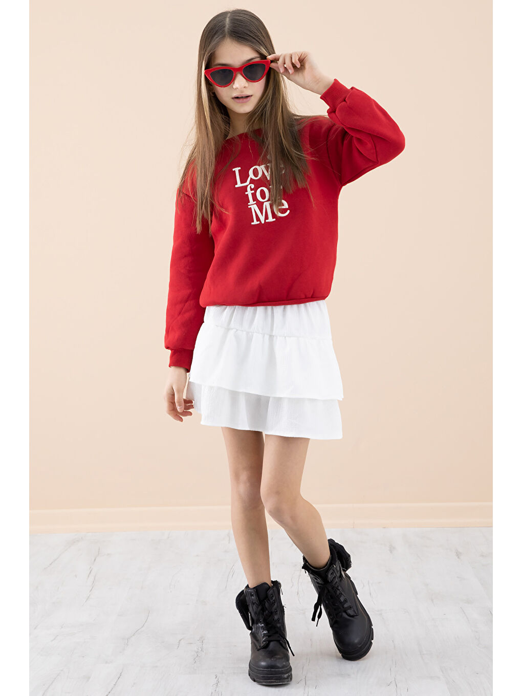 Kırmızı Şardonlu Kız Çocuk Etekli Takım 20251