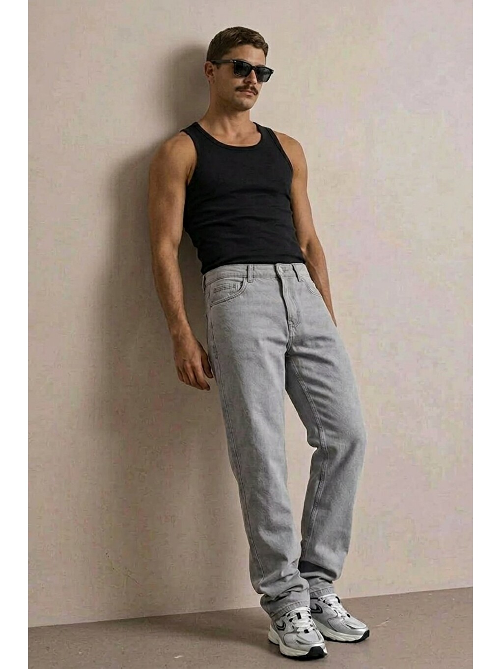 Erkek Yüksek Bel Comfort Gri Jean Pantolon-1
