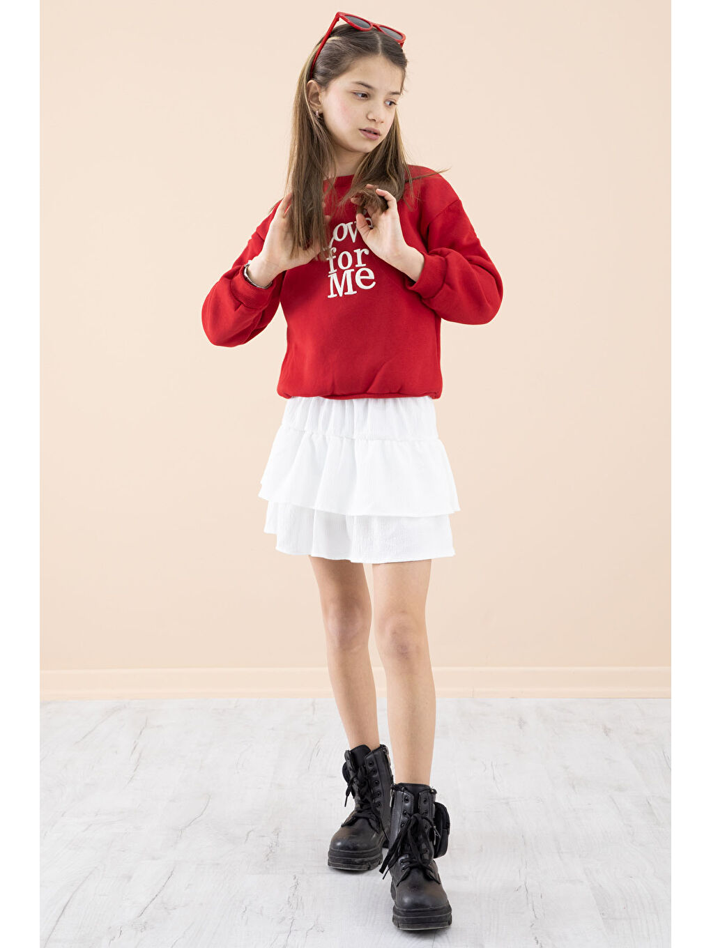 Kırmızı Şardonlu Kız Çocuk Etekli Takım 20251-2